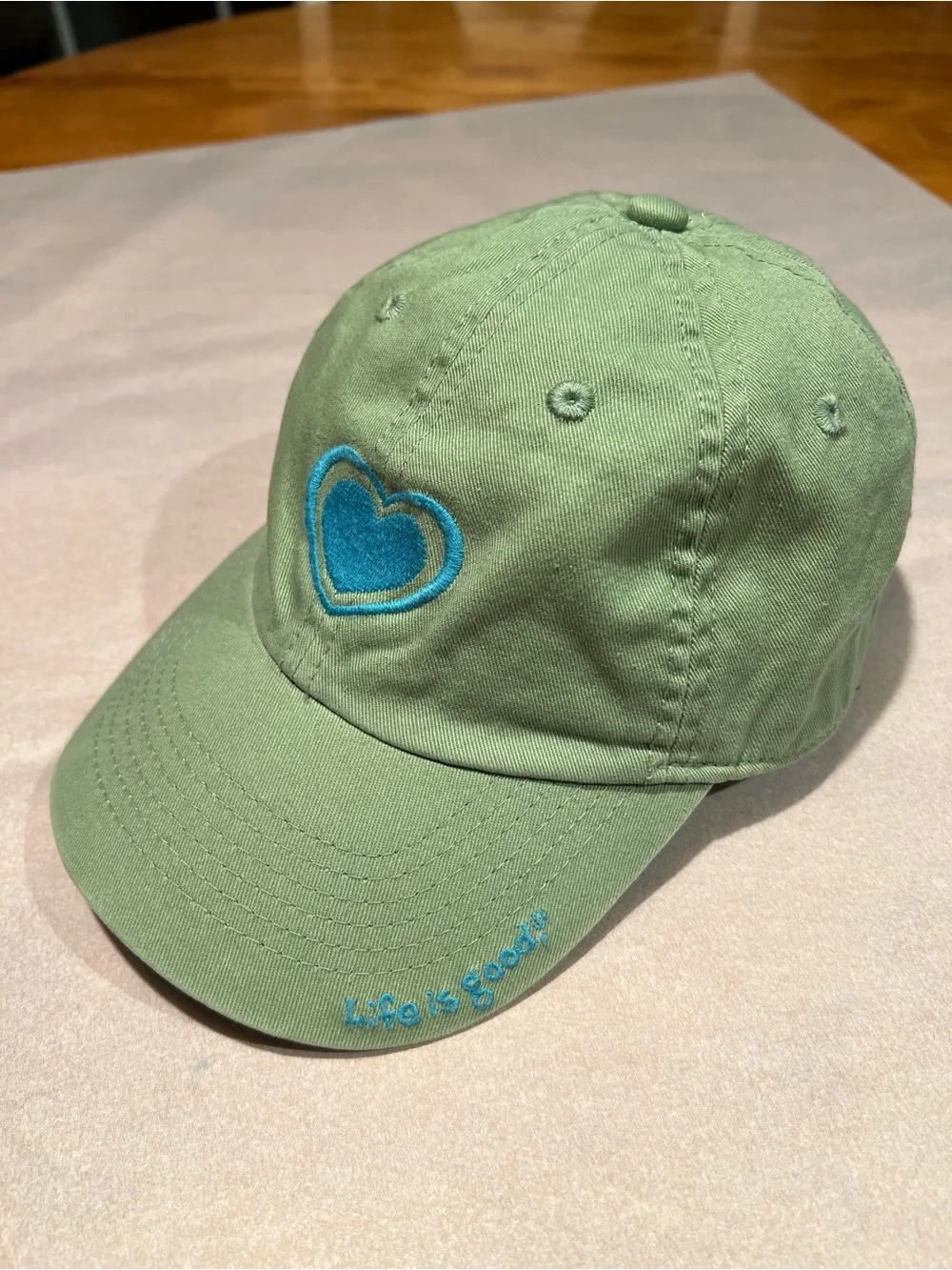 Life is Good Green Cotton Baseball Cap with Blue Heart Accent Toddler 2T - 4T